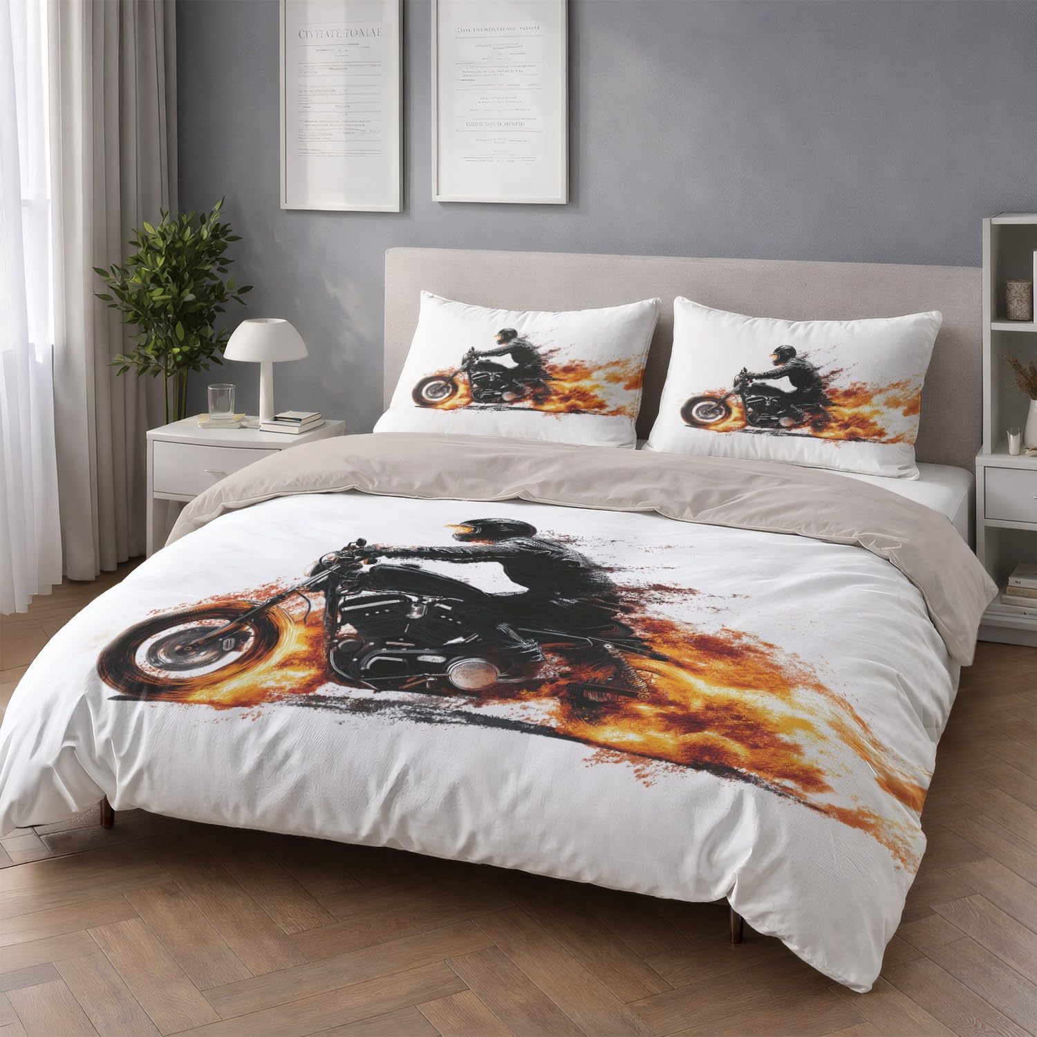 Czarny pomarańczowy nowoczesny wibracyjny motocykl poszwa na kołdrę 200 x 200 cm, kreskówkowy miękki zestaw pościeli z mikrofibry z zamkiem błyskawicznym 3-częściowy z 2 poszewkami na poduszki