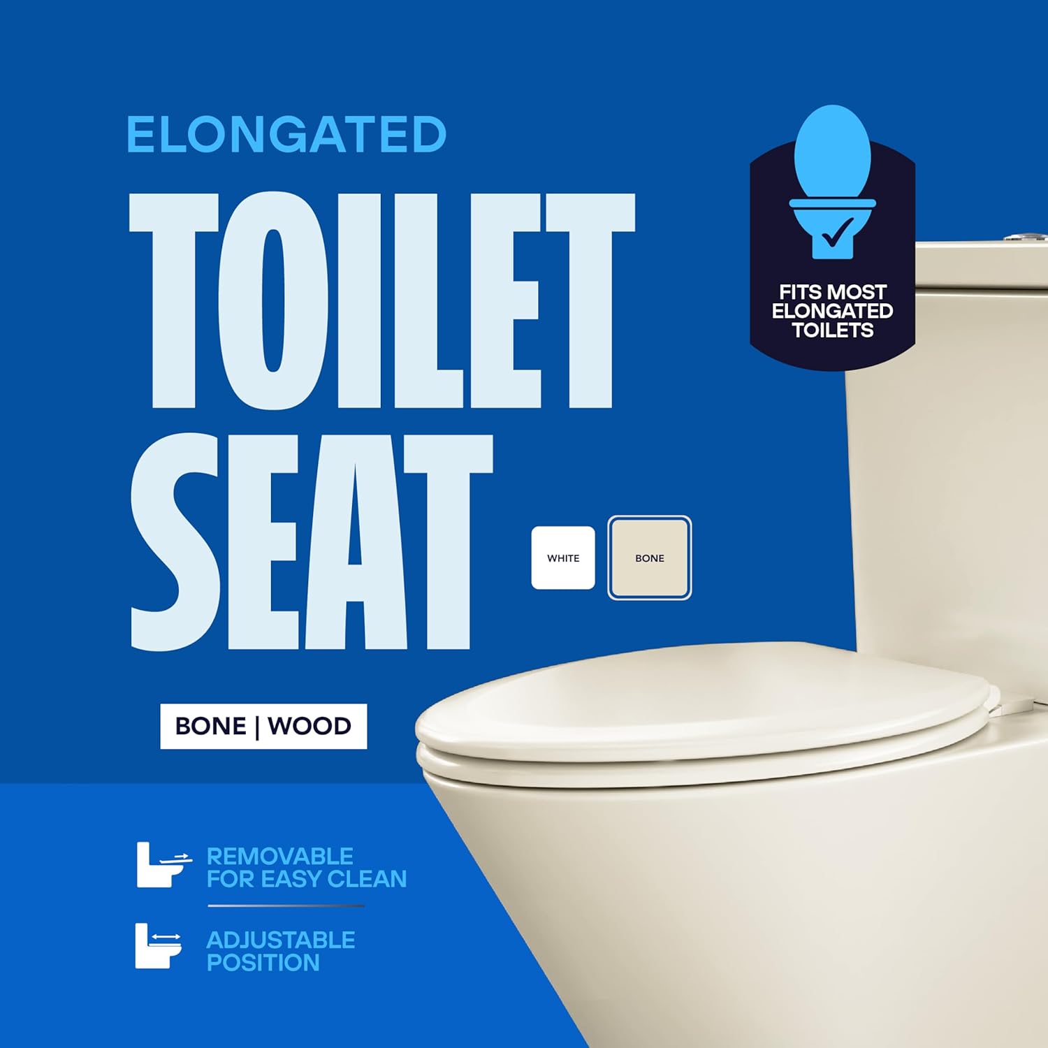 Highcraft B2TSWE Elongated Molded Wood Toilet Seat Easy Remove ? Adjustable Hinge, Bone