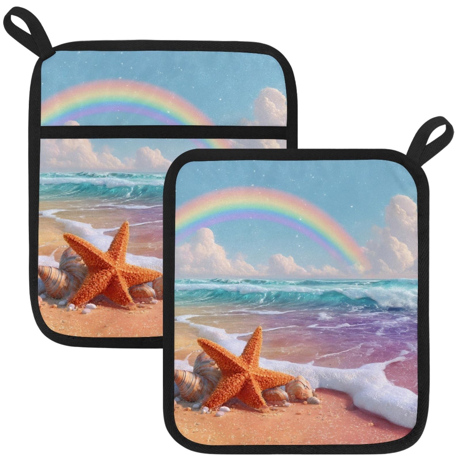 VAPOKF Starfish Rainbow Pot Holders with Pocket for Kitchen Heat Resistant Potholders Large Polyester-Cotton Square Oven Mitts Set