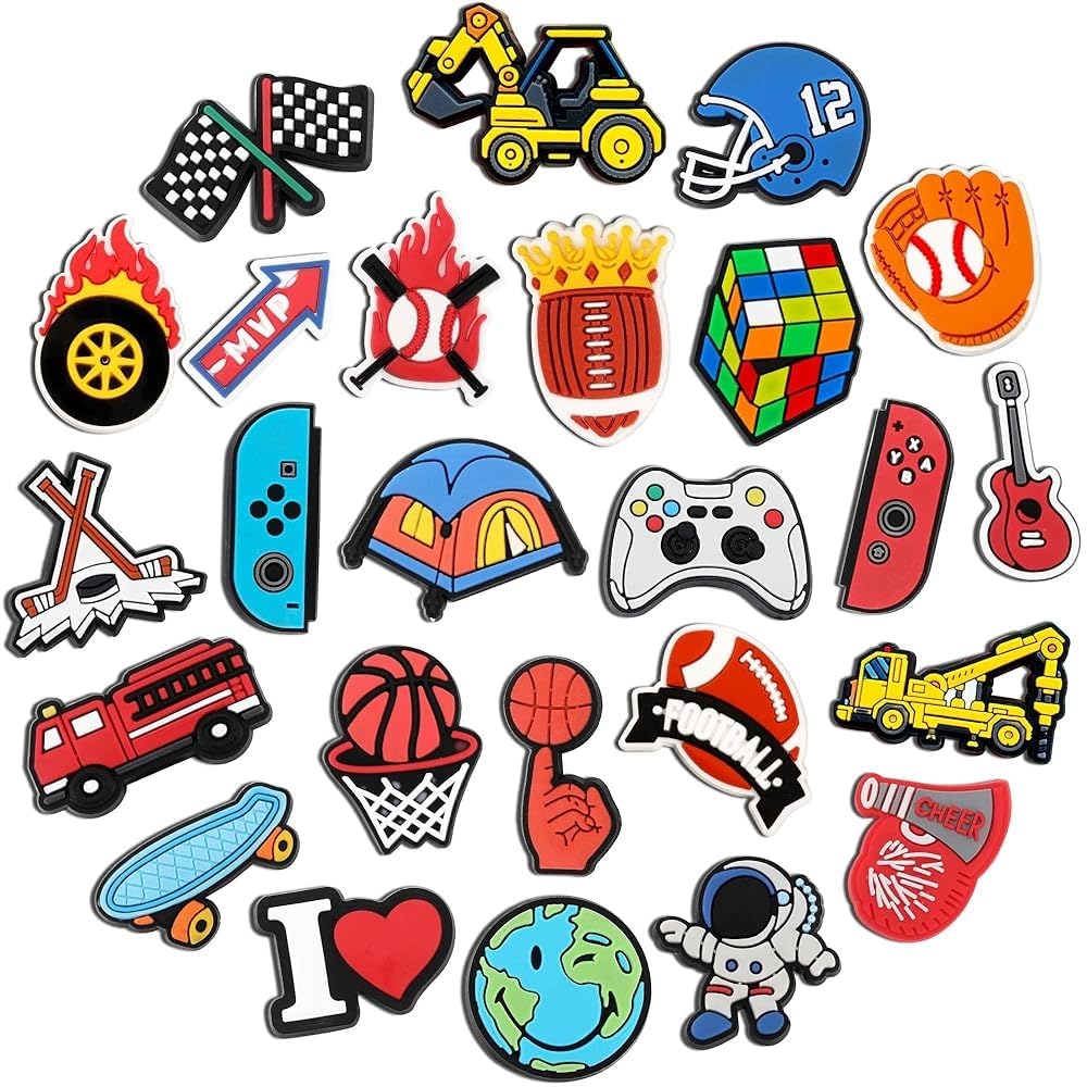 Kecaui 25 Pcs Shoe Charms - Basketball, Volleyball, Baseball, Video Game & Astronaut Designs - Cute Decorations for Kids, Teens & Adults - Fits Clogs,