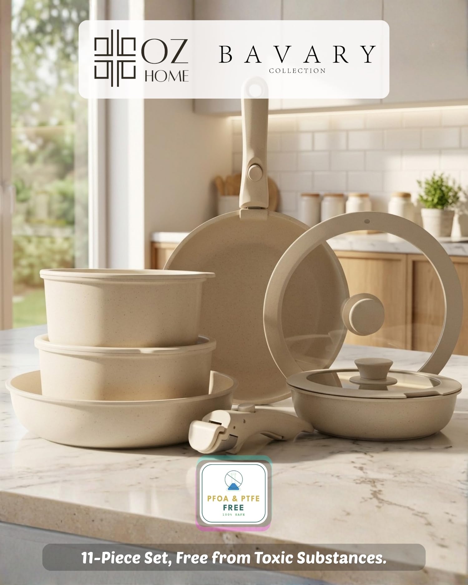 BAVARY Batería De Cocina 11 Piezas Mango Extraíble: Juego De Ollas Y Cacerolas De Cocina Inducción Antiadherente Con Tapas - Cazuelas Inducción, Ollas Cocina, Cazo Cocina - Apilable, Crema