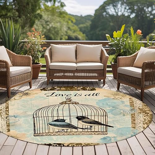 Miniatura 5 de 5ft Round Rug, Retro Birds Cage Non-Skid Rubber Backing Large Area Rugs - Living Room Bedroom Home Office, Watercolor Floral Pattern Indoor Floor