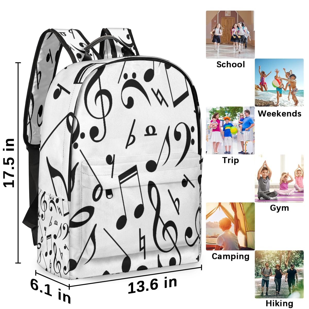 TropicalLife Rucksack mit Musiknoten für Herren, Damen, Kinder, Mädchen, Jungen, schwarzer Noten-Rucksack, großes Fassungsvermögen, 23,5 l, Rucksack, Schule, Büchertasche, Reisen, lässig,