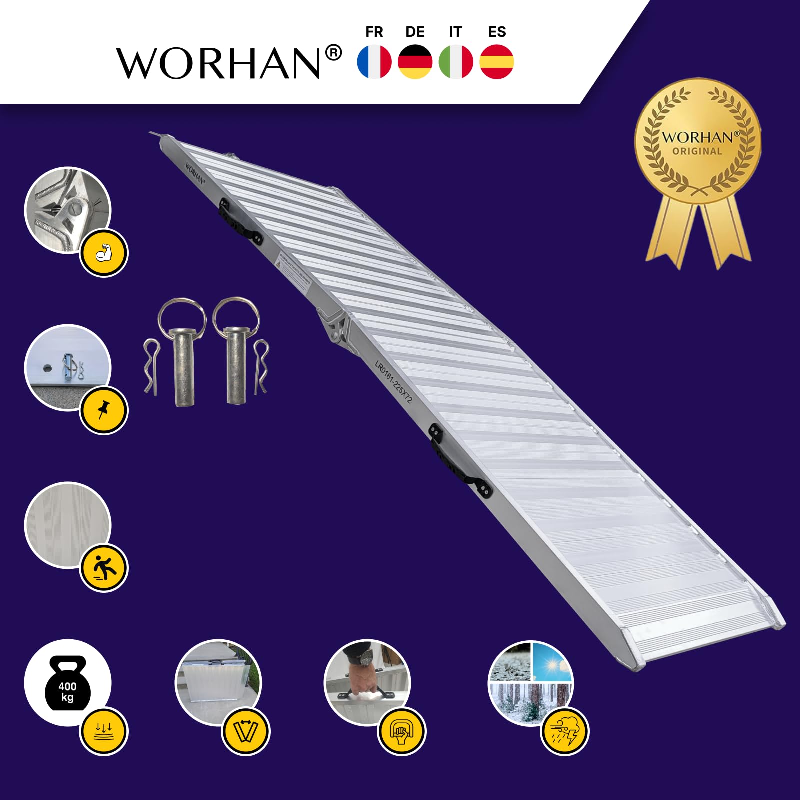 Rampa de Carga 400kg Moto Rigida Robusta Plegable Plataforma 225cm Silla de Ruedas Aluminio Superficie Ultra Antideslizante Transporte Eventos Estuche de Vuelo HR225