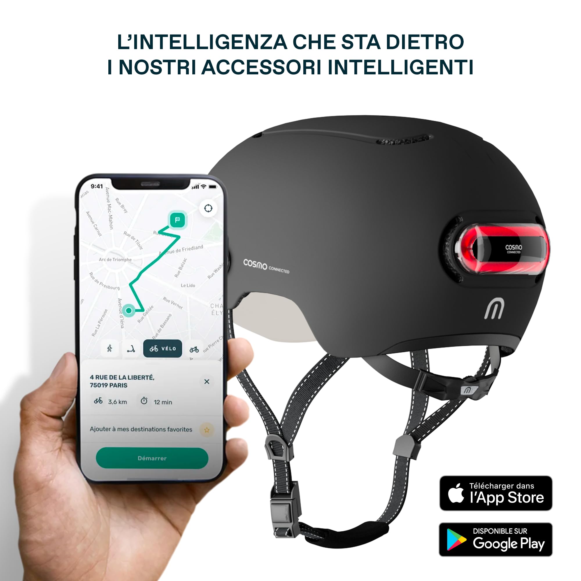 Cosmo Connected - Cosmo Fusion - Casco Intelligente Bicicletta e Monopattino con Visiera, Taglia Adulti - Lampeggianti, Fuoco di Freno Automatico, Condivisione di Viaggio, Rilevamento di Caduta