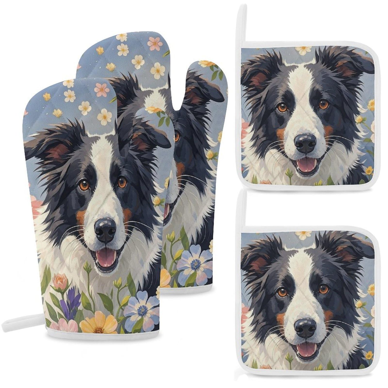 Border Collie Florals Oven Mitts and Pot Holders Sets Heat Resistant Oven Glove with Hanging Loop for Baking Cooking BBQ Thicken Potholders for Kitchen