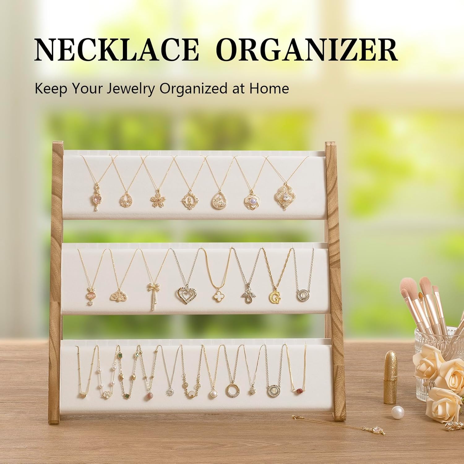 Necklace Holder, 3 Tier Necklace Organizer Stand with White Velvet, Wood Necklace Display Stands for Selling, Jewelry Display Stand for 72 Necklaces Bracelets (Brown) - Image 5