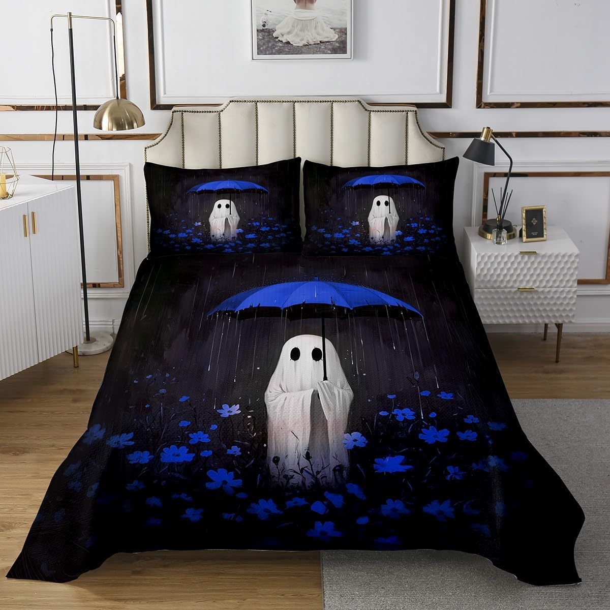 Erosebridal Gothic Quilt Set Halloween Ghost Queen Bedspread Set - Green Umbrella Coverlet Sets Jungle Flowers Boho Floral Quilted,Halloween Decorations