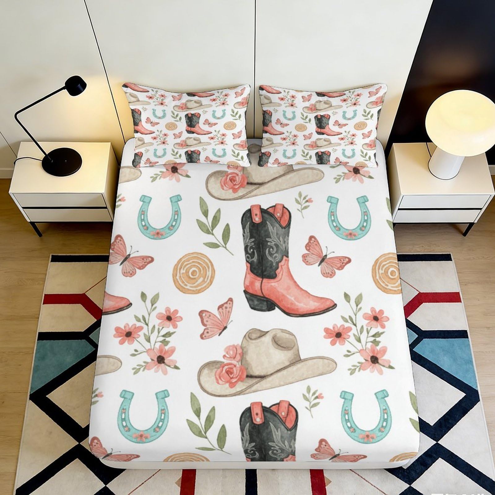 3D Printed Western Cowboy Boots Fitted Sheet Microfiber Soft Horseshoe Hat Bed Cover for Bedroom Dorm Decor 90x200x25cm