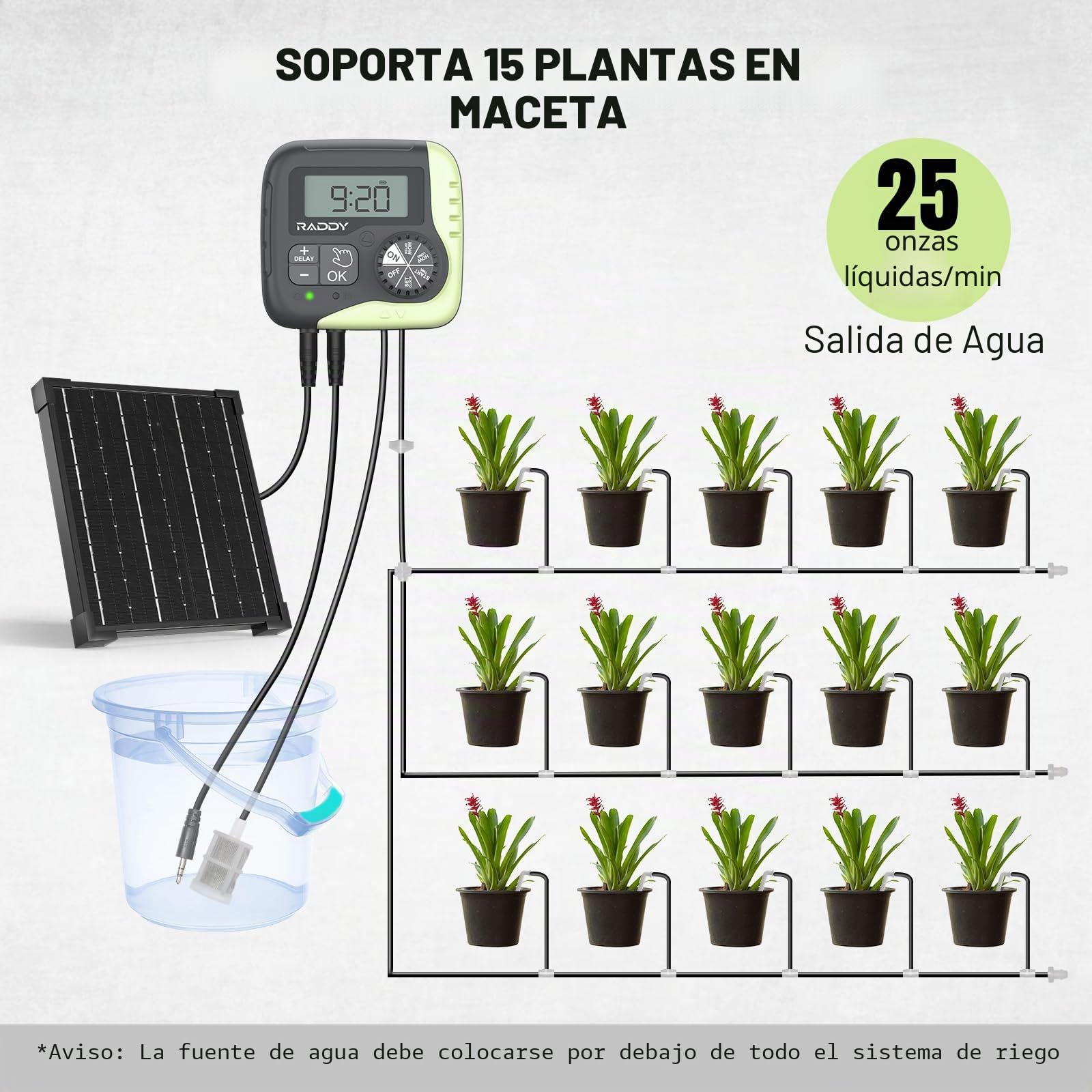 Raddy WS-1 Kit de riego por goteo, sistema de riego automático alimentado por energía solar de 5 W, temporizador de agua fácil para plantas en el balcón, jardines y invernaderos, compatible con 15