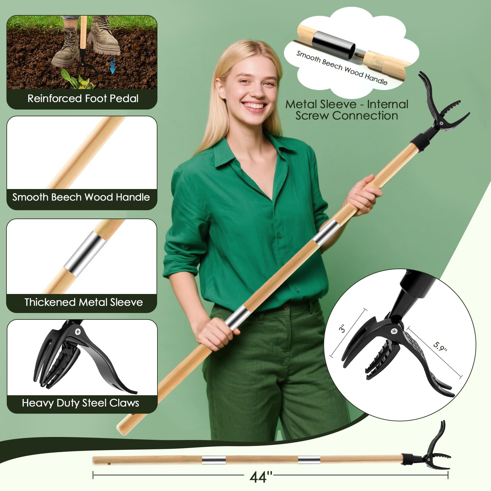 Detachable Stand Up Weed Puller Tool with Long Handle, Dandelion Weed Puller Tool Stand Up Heavy Duty, Outil d'élimination de Mauvaises Herbes de Jardin Long poignée (Bois 44in)
