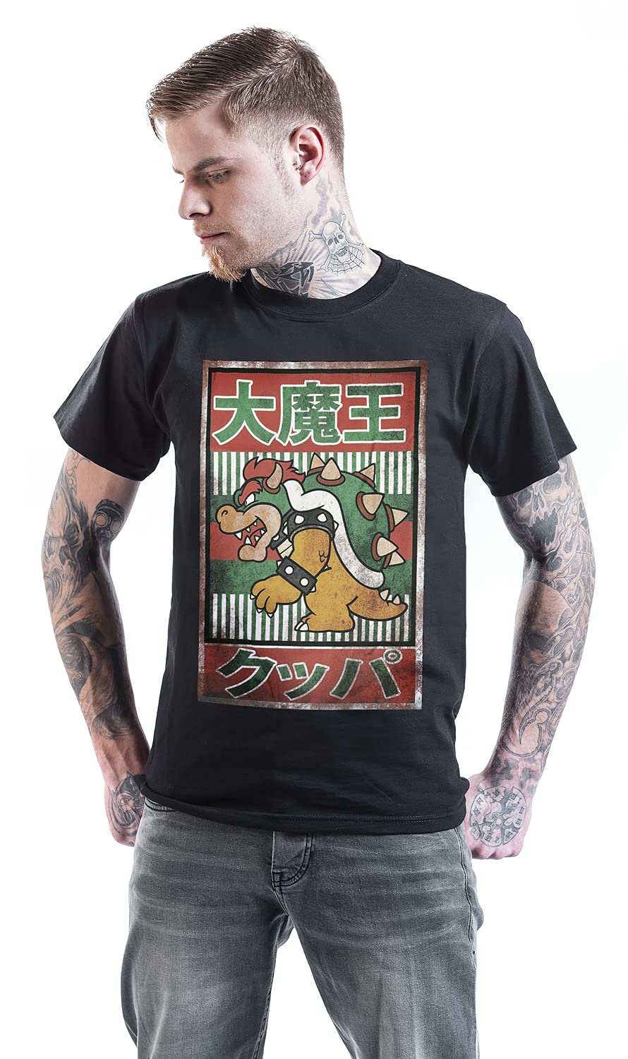 Super Mario Bowser - Vintage Homme T-Shirt Manches Courtes Noir Regular/Coupe Standard