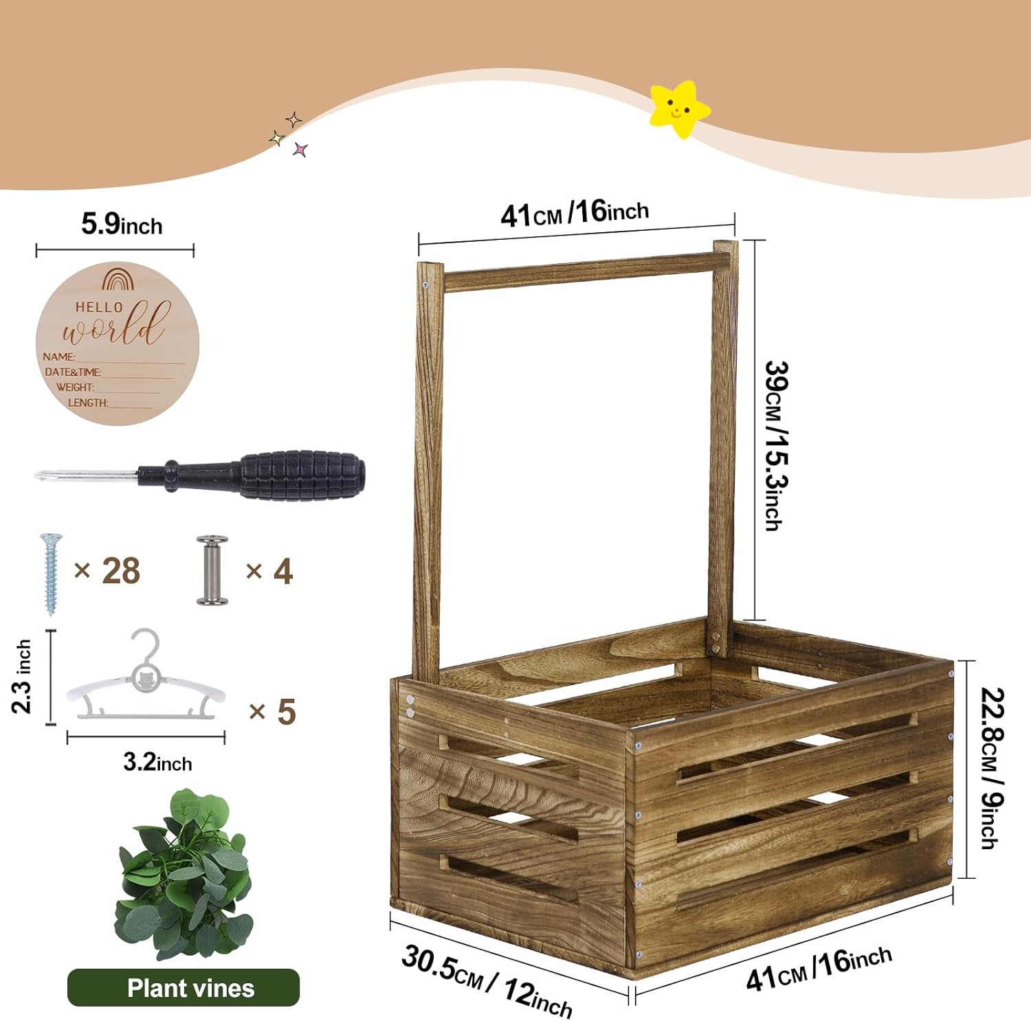 Wooden Baby Shower Crate Closet, Baby Basket with Handle, Personalized Baby Gifts Basket, Storage Basket, Newborn Boy Girl Welcome Gift for New Mom Parents