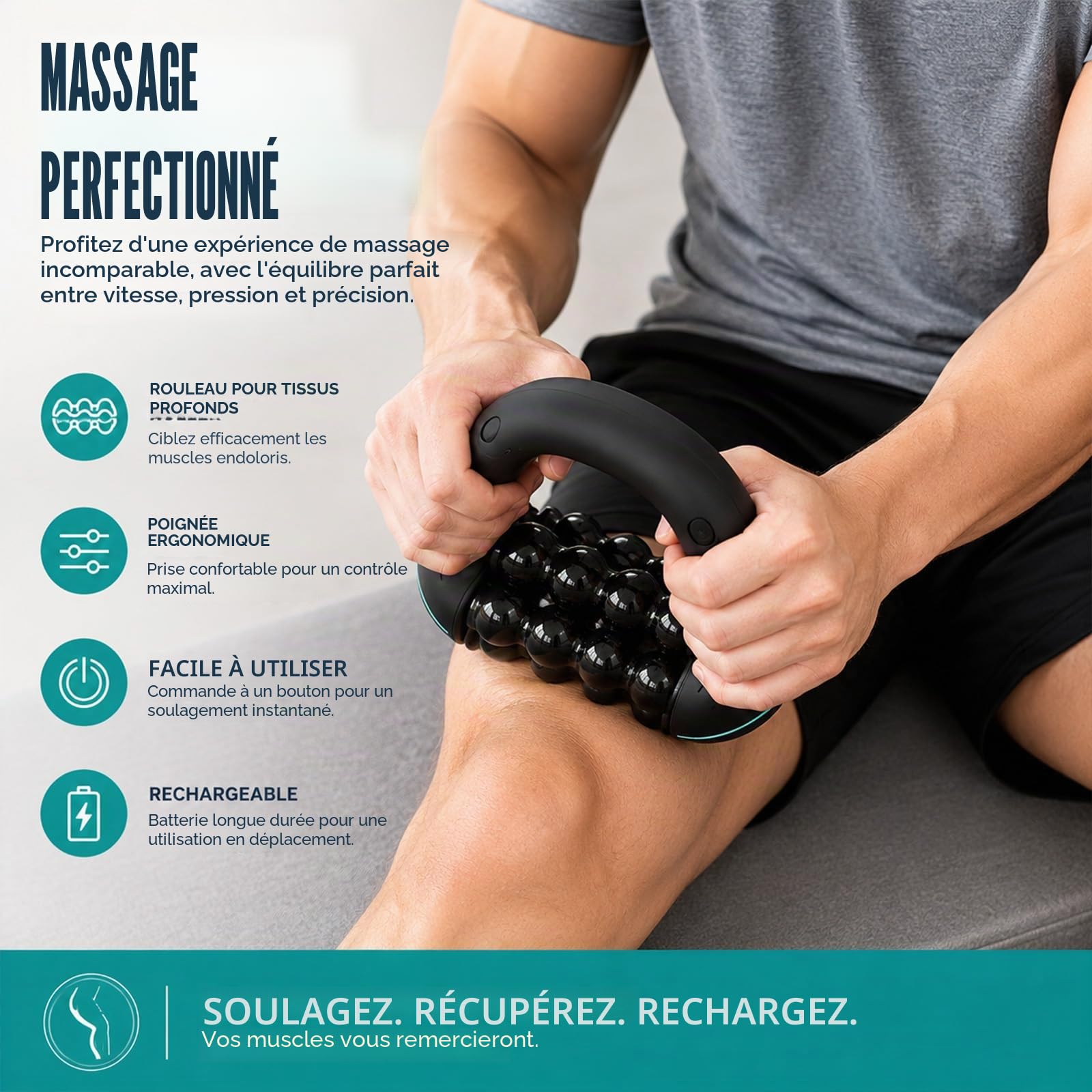 Masseur électrique à main avec rouleaux, 8 vitesses, massage en profondeur rechargeable pour le dos, les épaules et les jambes, rouleau de fascia électrique avec 6 têtes de massage pivotantes (A-3