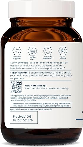 Miniatura 4 de Ayush Herbs Probiotic 100B, suplemento probiótico diario de hierbas ayurvédicas, 7 cepas probióticas, 60 cápsulas vegetarianas