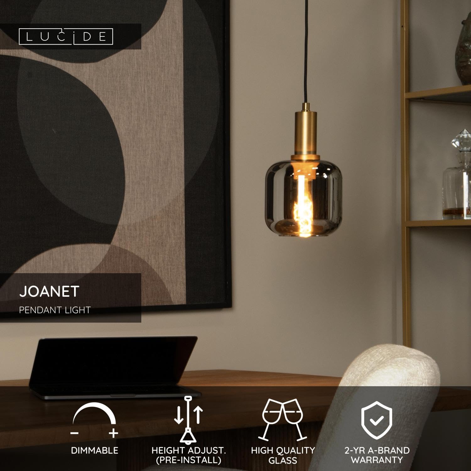 LUCIDE JOANET - Suspension - Ø 16 cm - 1xE27 - Fumé