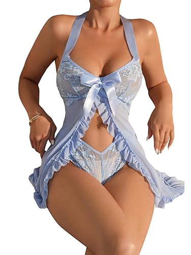 Foxiny Sexy Halter Open Front Ruffle Sheer Mesh Lace Babydoll Lingerie Dress with Thong 2 Piece - Small - Light Blue