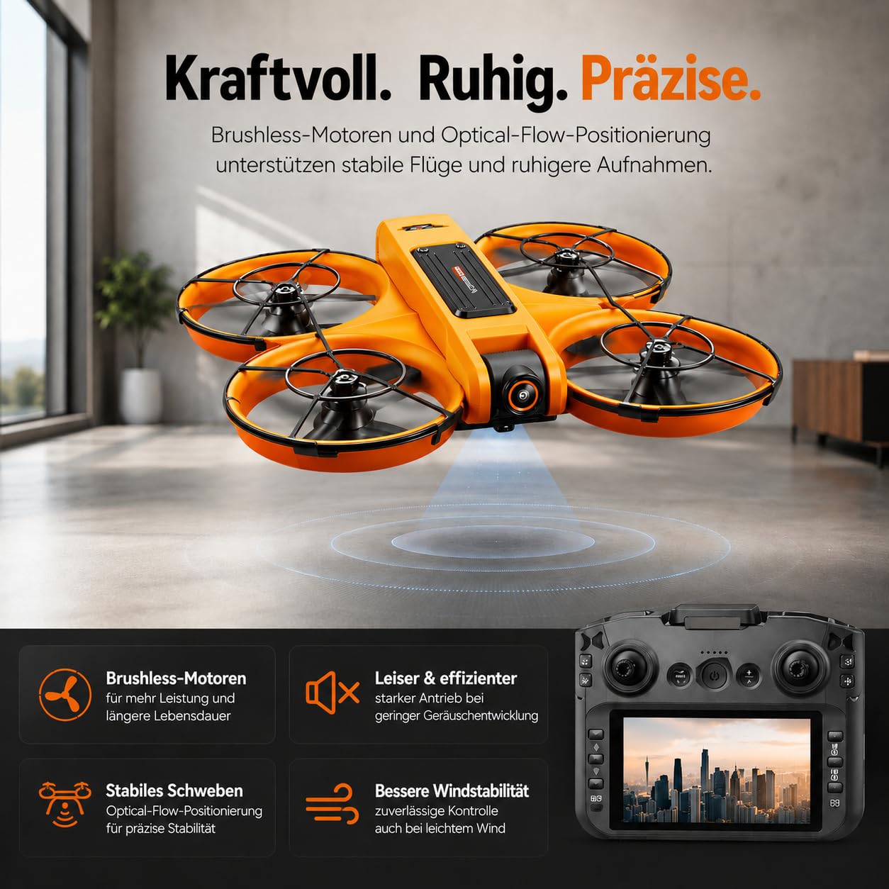 Drohne mit Kamera & Display Fernbedienung, Brushless Motor, Dual Kamera 90° verstellbar, FPV Live-Übertragung, Optical Flow, 360° Flip, LED, Anfänger & Kinder geeignet (Orange, Akkus: 3 St.)