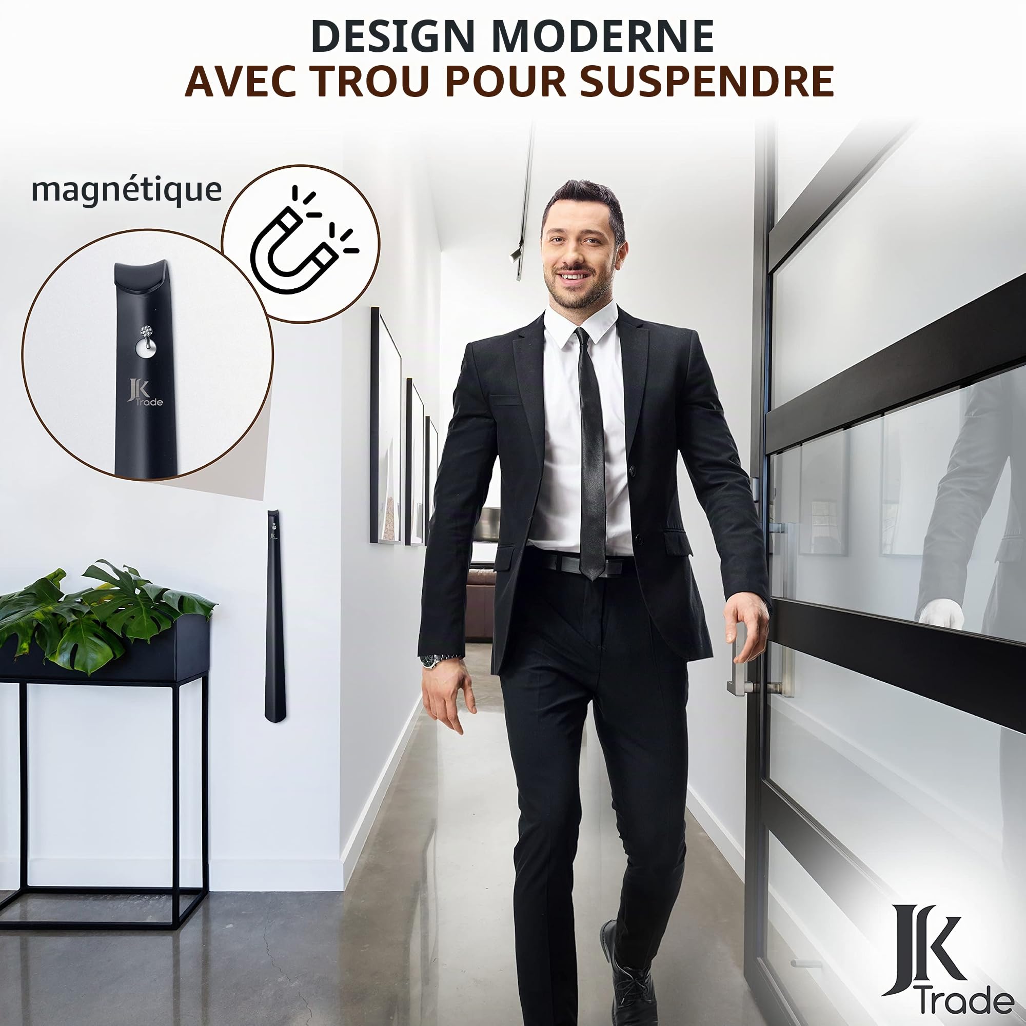 JK Trade® Lot de 3 chausse-pieds en acier inoxydable solide | 15, 29 et 42cm | Chausse-pied court en acier inoxydable, moyen et long | N'abîme pas le dos | Longueur et largeur optimisées | Business