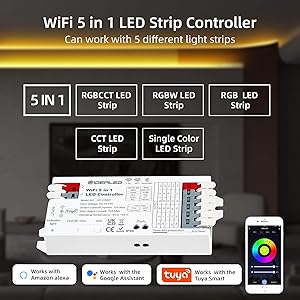 GIDERWEL Smart 5 in 1 WiFi LED Controller RGBWW for Strip Lights RGBCCT RGBW RGB CCT and 5 White Strips,Work with Alexa/Google Assistant,APP/Voice Control Color Change Dimming(Only a WiFi Controller)