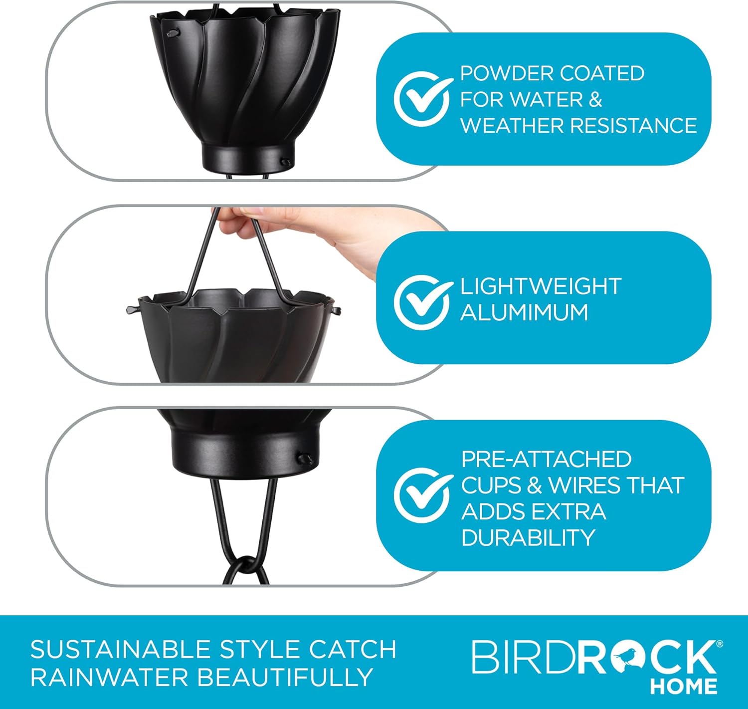 BIRDROCK HOME Rain Chains for Gutters | Heavy Duty Downspout Alternative | Adapter & Catcher | Powder Coated Aluminum | Chimes & Extensions | 8.5 ft - Decorative Copper Twist Design | Matte Black