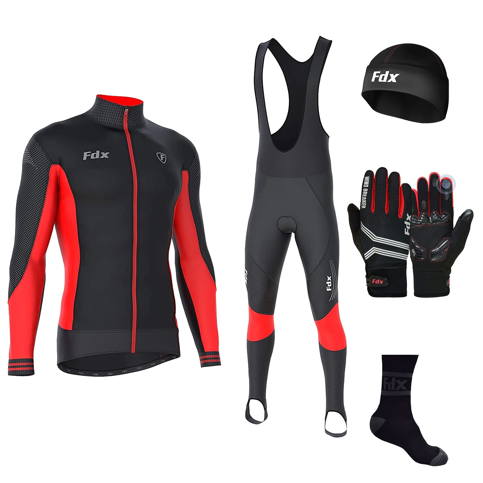 FDXMen's Thermodream Cycling Suit with Gloves, Socks, Lightweight, Thermal, Windproof, Super Roubaix Cycle Clothing Set, Long Sleeve Jersey, 3D Padded Bib Tight for Bicycle Riding