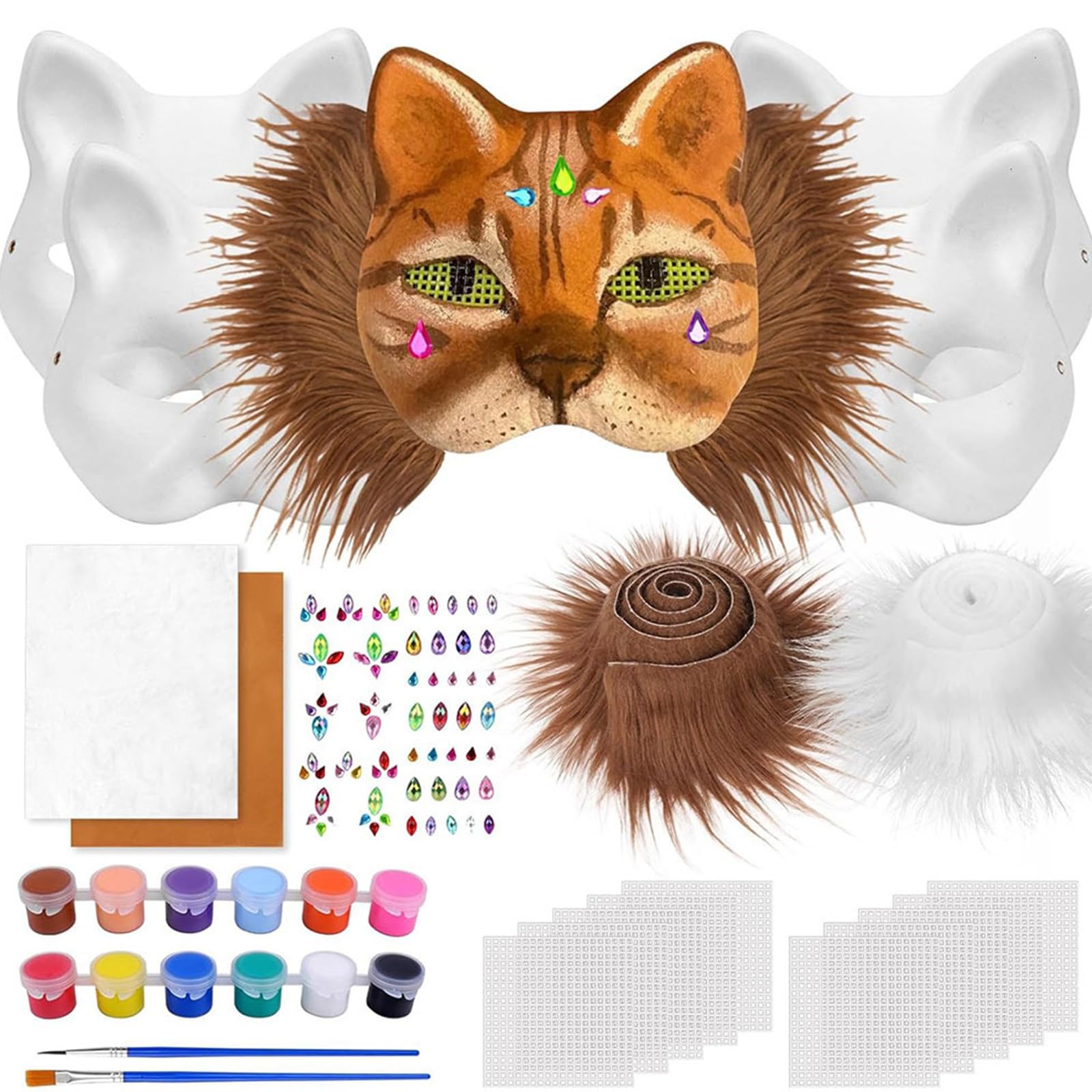 Therian Mask, 23 PCS DIY Blank Fox Cat Mask, Felt Fabric Sheet Plush Faux Fur Eye Plastic Mesh Sheet with Diamon Sticker Brushes and Paints, for Halloween Masquerade Cosplay Party