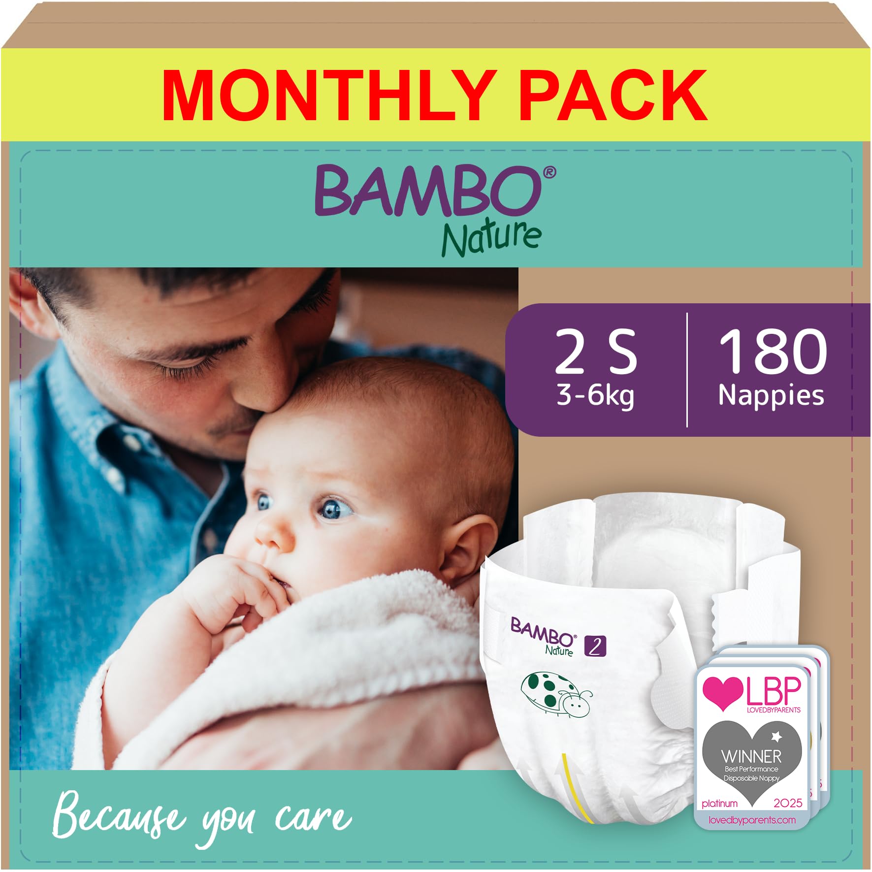 Premium Eco Nappies, Size 2 Nappies (7-13lb/3-6kg), Mini, 180PK Eco-Labelled Nappy, Enhanced Leakage Protection, Secure and Comfortable Baby Nappies
