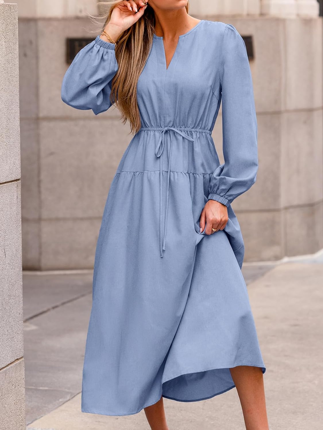CUPSHE Women's Fall Wedding Guest Dress V Neck Long Sleeve Drawstring Ruffled Casual Flowy Elegant Party Maxi Dresses - Image 6