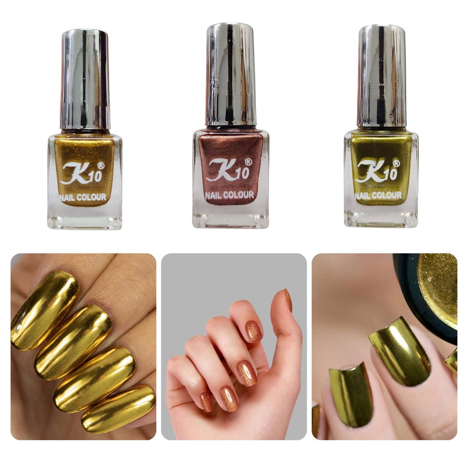 K10 Nail Polish| Metallic Finish Nail Paint|Quick Drying |Chip Resistant Long-Lasting Multicolor Nail paint for Women and Girls| Gold| lemon And Coffee| Set of 3| (12ml each)-image-17
