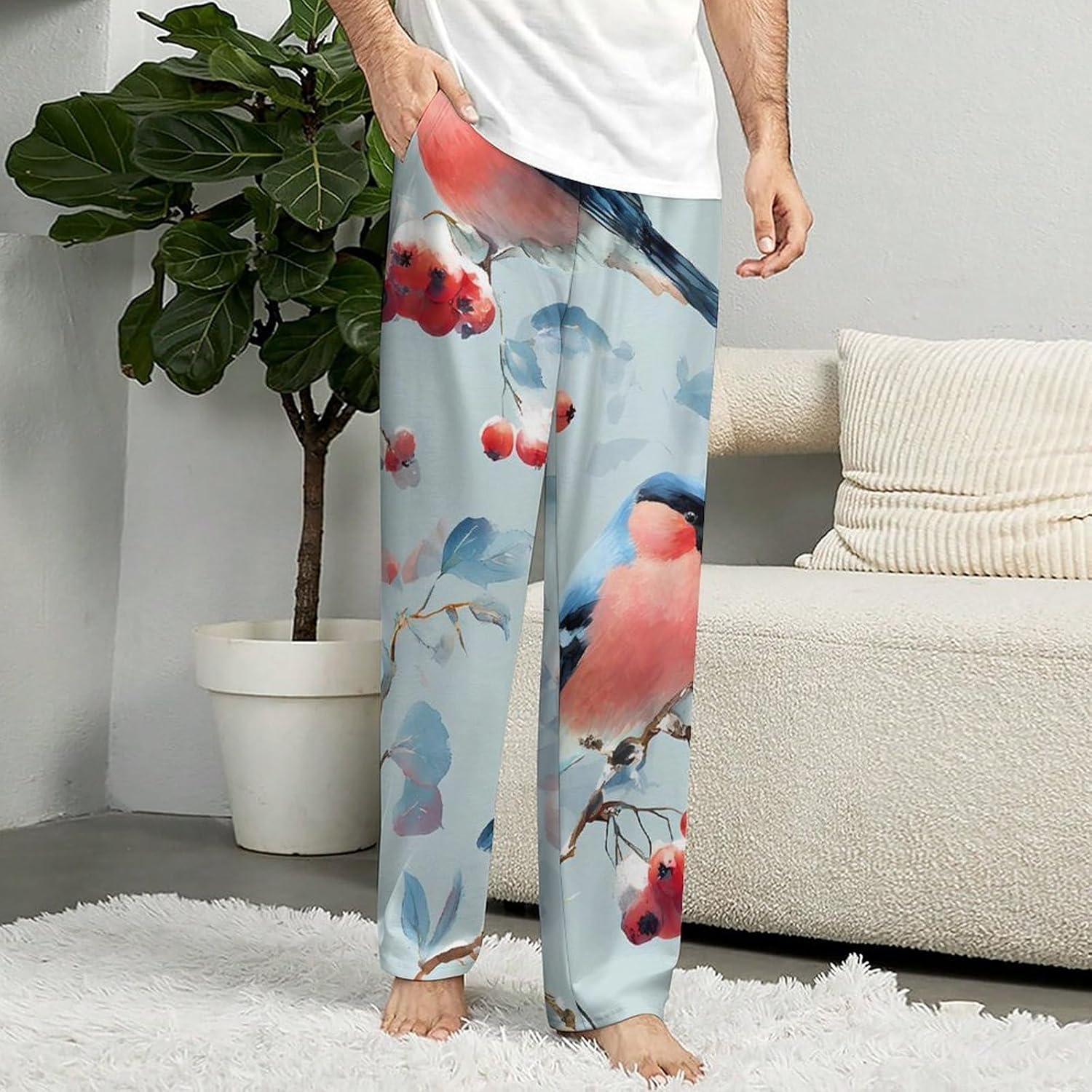 Bird Bullfinches On Rowan Snowy Womens Pajama Pants Mens Pj Bottoms with Pockets Lounge Yoga Pant