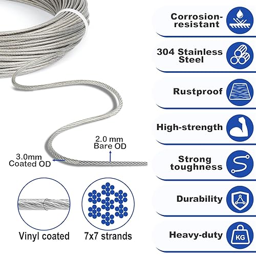 Miniatura 3 de TooTaci Kit de cuerda de alambre de 18, kit para colgar luces para exteriores, cable de acero inoxidable de 66 pies 18 recubierto de vinilo con