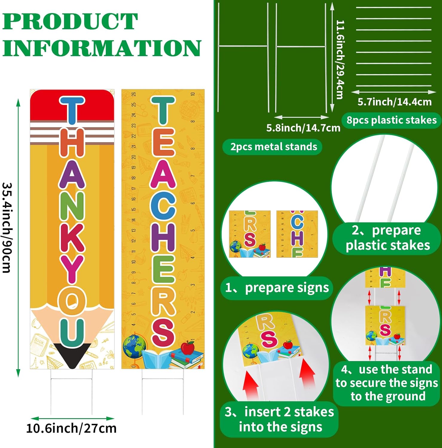 2PCS Teacher Appreciation Decorations Yard Sign Thank You Teachers Lawn Signs Teacher Appreciation Yard Signs Graduation Thank You Teachers Yard Sign for Teacher's Day, Graduation Party 35.4in