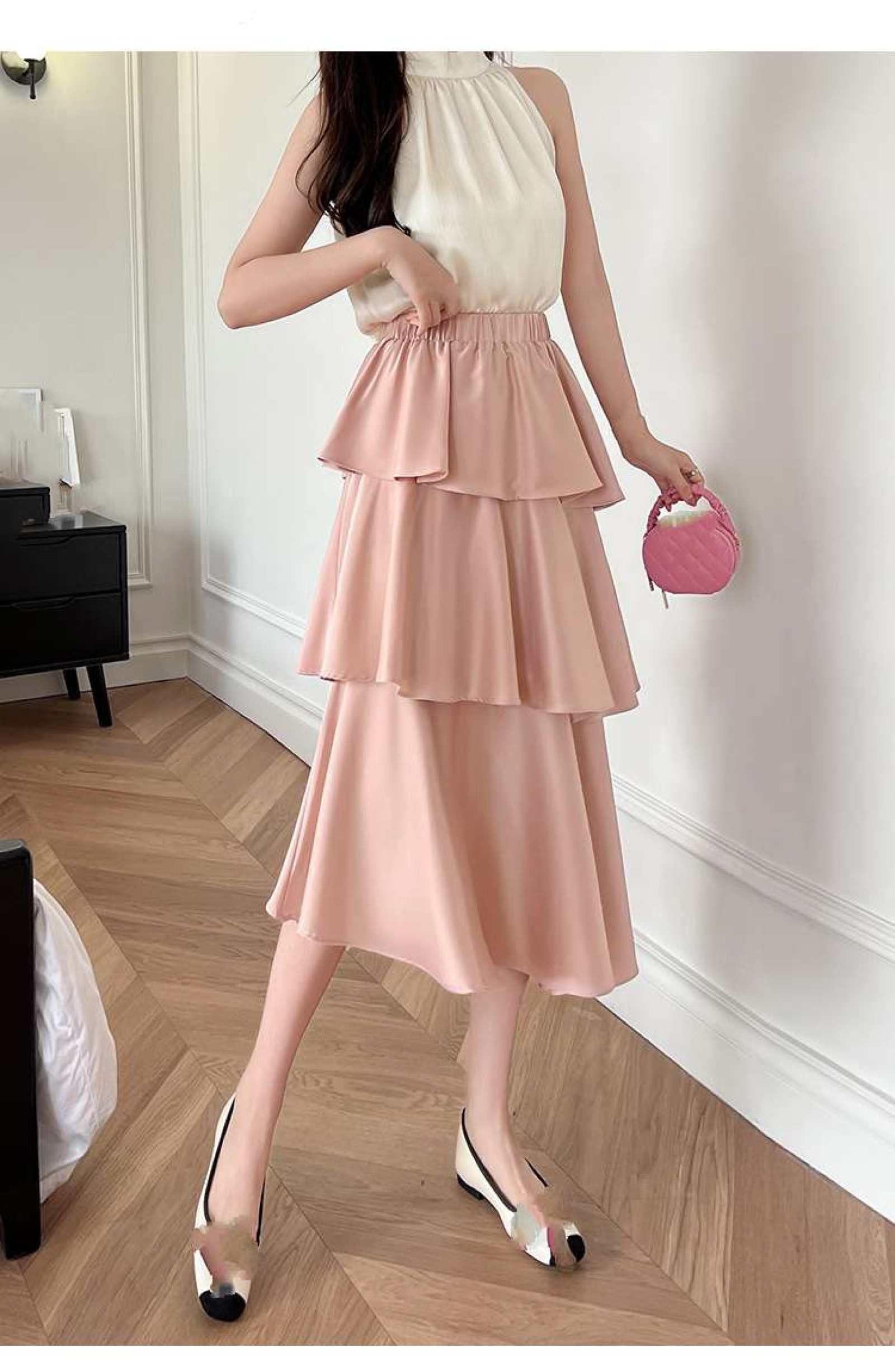 Jupe De Gâteau en Satin De Fibre De Vinaigre Taille Haute pour Femme - Été Polyvalent Couleur Unie Taille Élastique Jupe Mi-Longue Petite Jupe À Volants Irrégulier Une Ligne Jupe Longue,