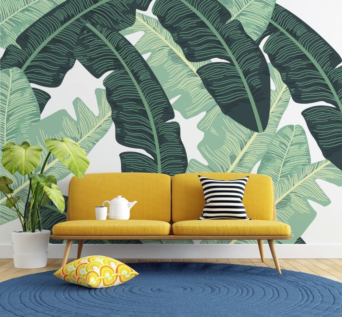 Tropical Dark and Light Green Vivid Huge Leaves Floral Background Peel and Stick Wallpaper Wall Mural Wall 100''H x 150''W