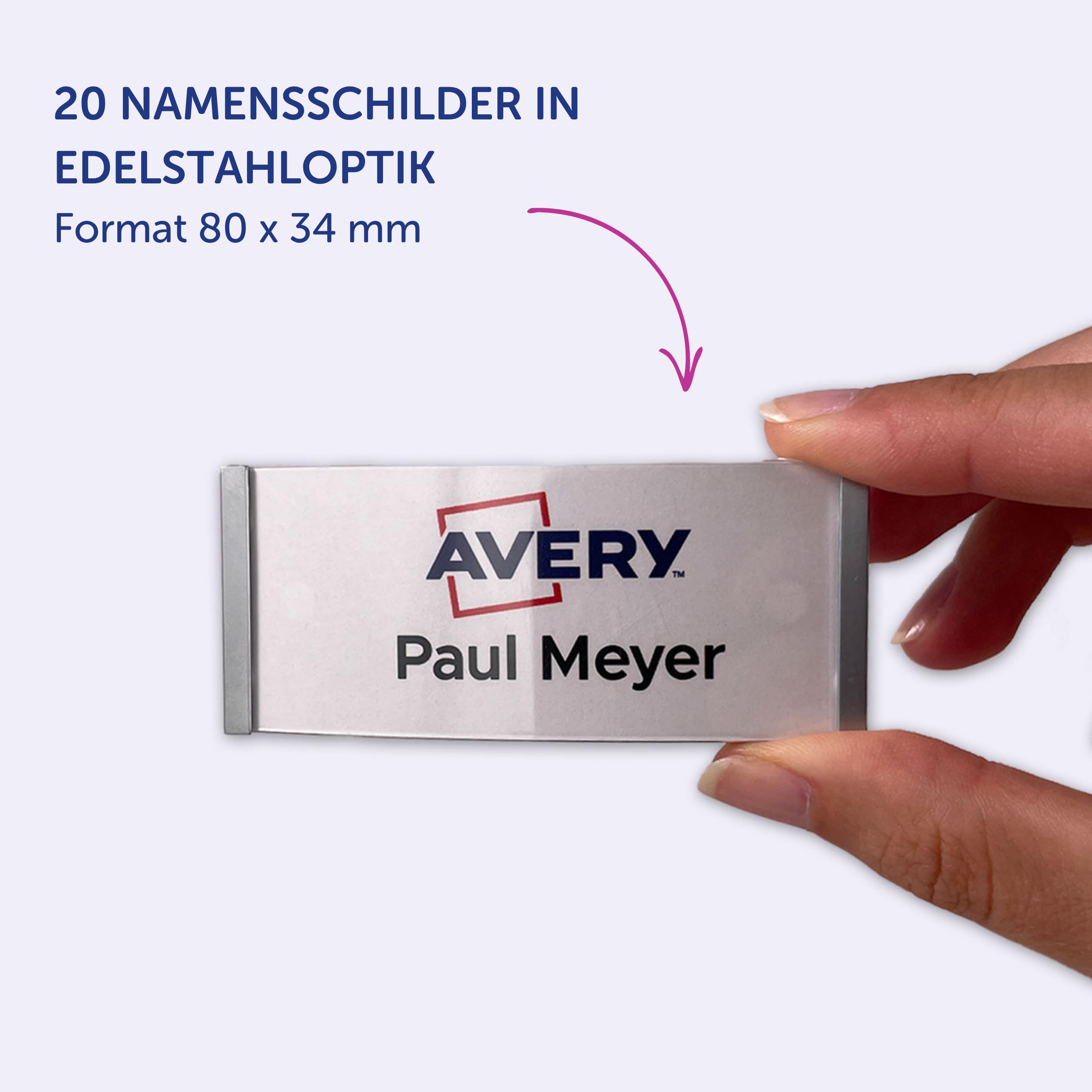 AVERY Zweckform polar35 Namensschilder 20 Stück (80x34mm, 20 Schilder mit Magnet, verdrehsicher, mit blanko Einsteckschildern zum Bedrucken, magnetische Namensschilder für Kleidung) edelstahl matt