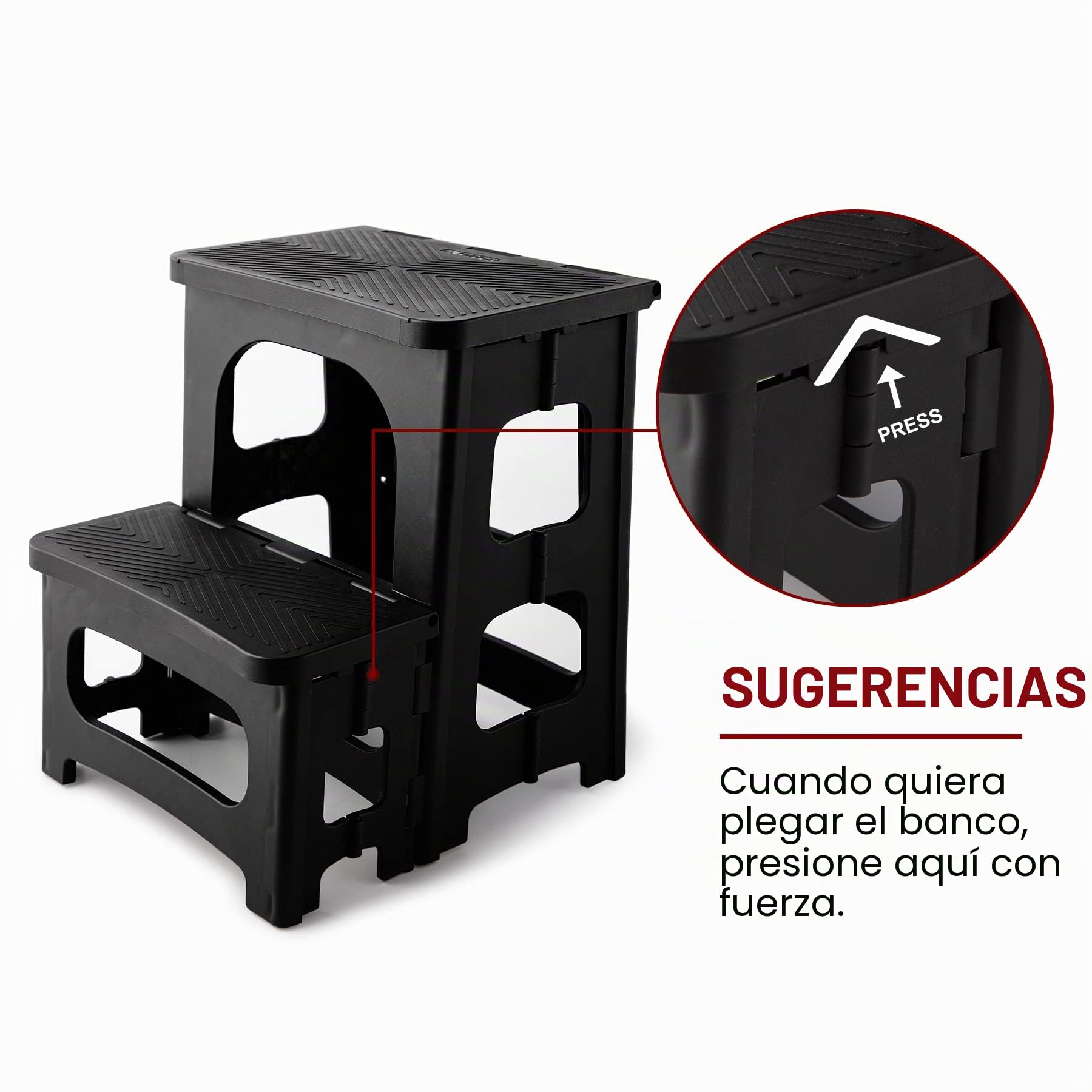 HuaCan Taburete Plegable de Doble Lado, Escalera Portátil de 2 Pasos, Plataforma Grande, Hasta 136kg, Negro
