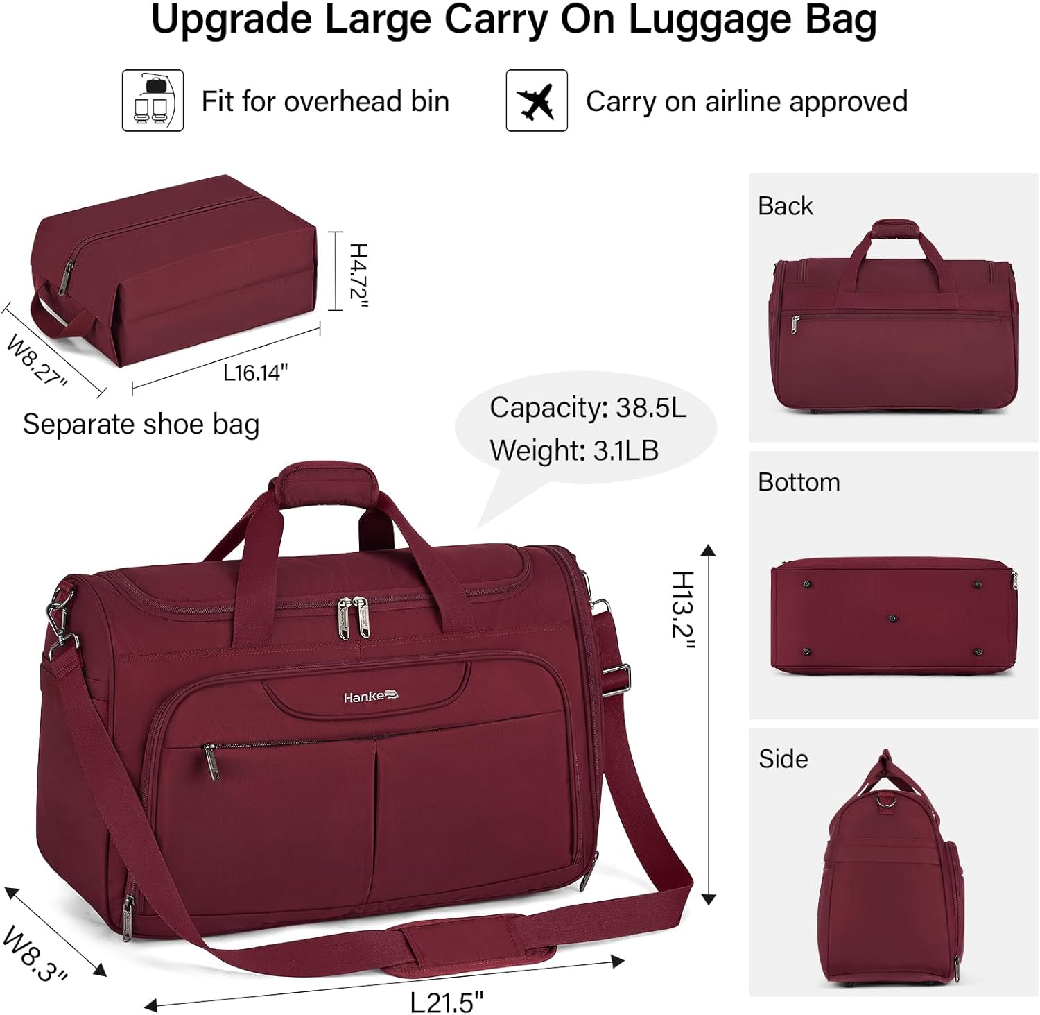 Hanke Carry On luggage Bags for Travel, Large Foldable Duffle Bag for Travel, Softside Lightweight Travel Bag Carry On Bags for Airplanes Women, Travel Tote Bags for Women Men.（Burgundy） - Image 2