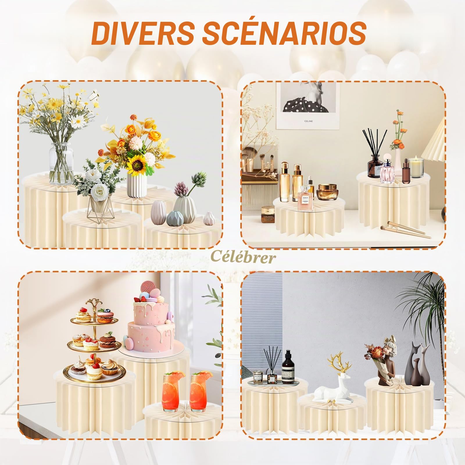 Lot de 6 Presentoir Aperitif Buffet Pliable, Presentoir Gateau 3 Tailles | Rehausseurs de Buffet, Support Gateau en Acrylique et en Carton pour Traiteur, Desserts, Figurines, Bijoux, Mariages