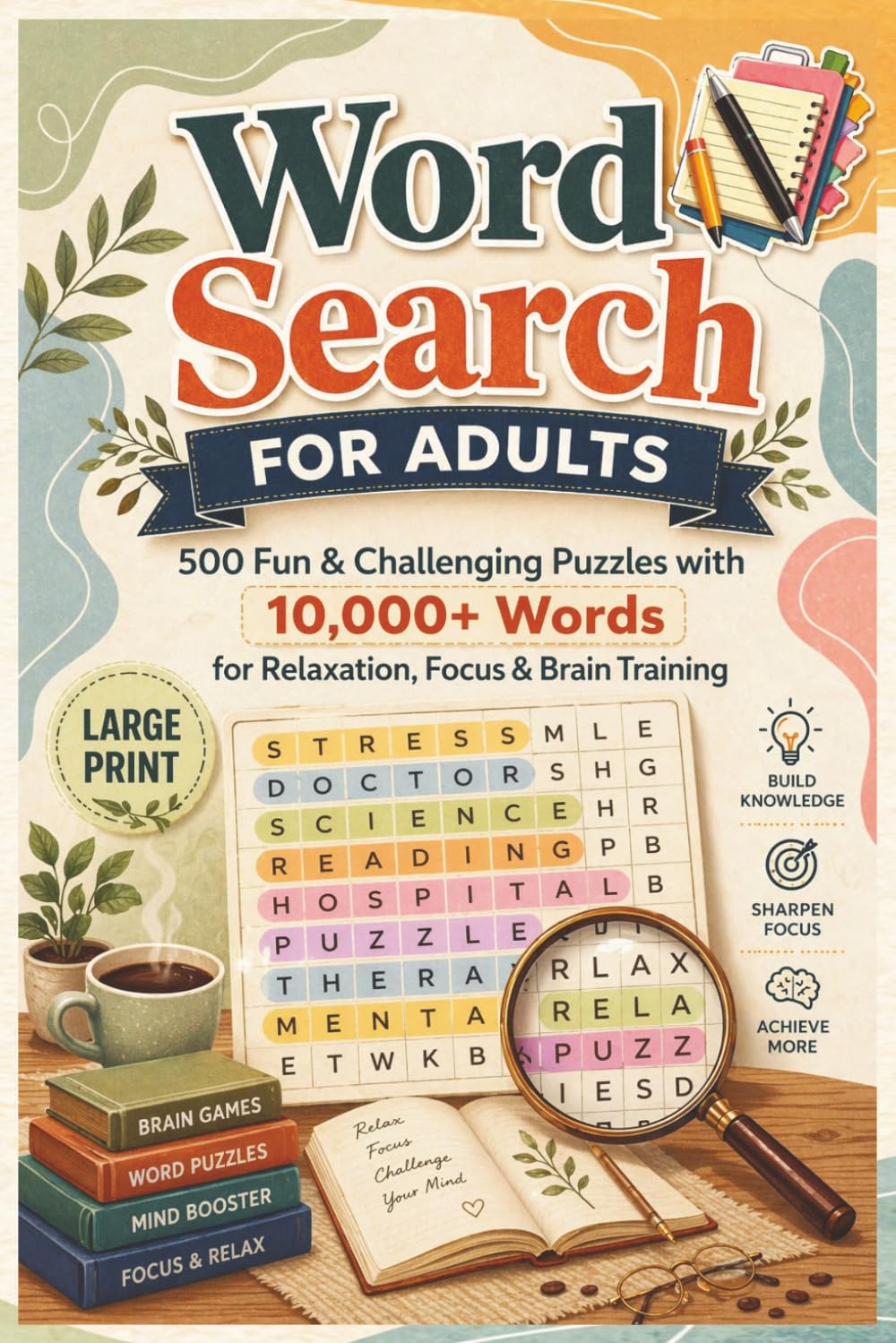 Word Search Puzzle Book for Adults: 500 Fun & Challenging Brain Games: 500 Puzzles with 10,000+ Words | Relaxation, Focus, Stress Relief & Brain Training Activity for Adults