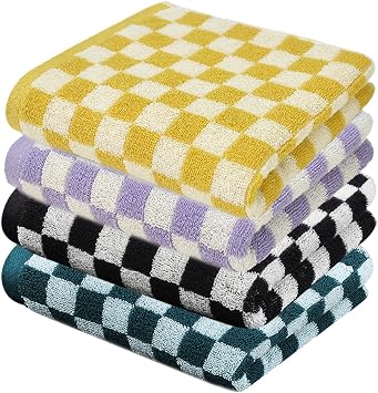 Bath Hand Towels for Bathroom Set of 4 Cotton Hand Towels Yellow, Pastel Lilac Purple, Darkcyan, Black Checkered Hand Towels for Bathroom Kitchen Hotel Shower Spa