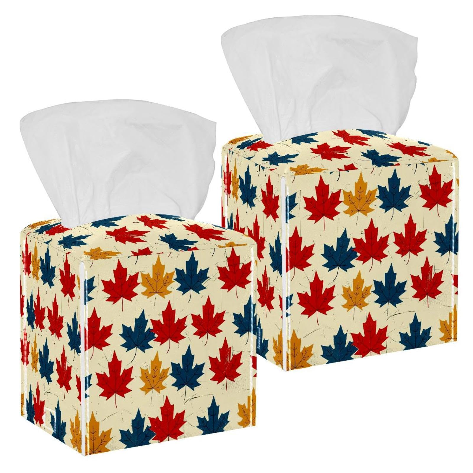 Tricolor Maple Leaf Tissue Box Cover, 2 Pack PU Leather Square Facial Tissue Dispenser Box holder for Home Office Car