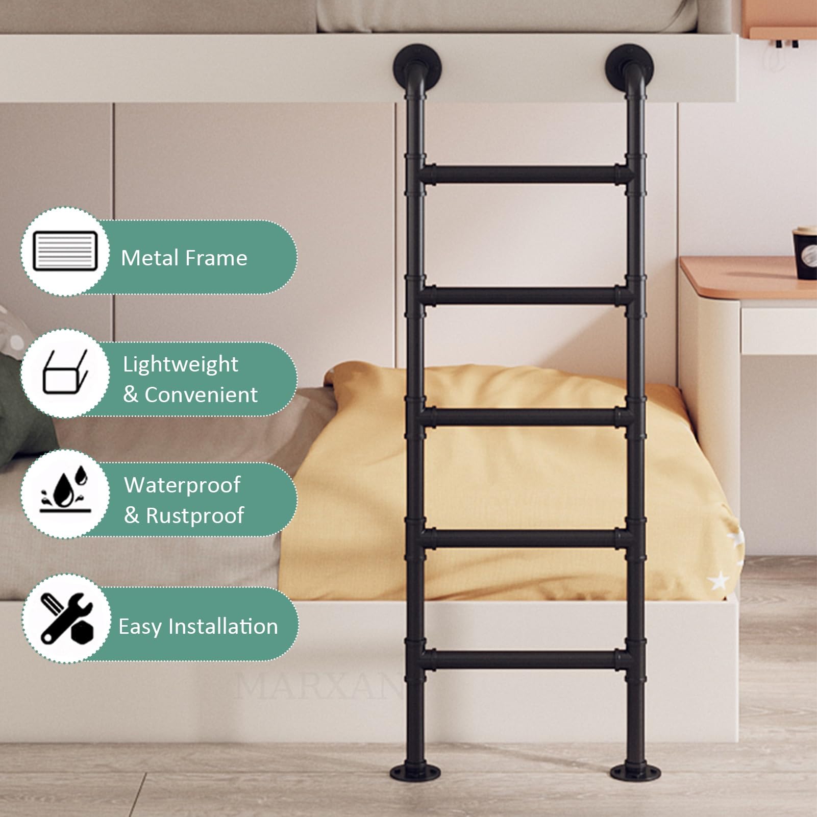 Scala di emergenza per la fuga dalla finestra del seminterrato, gradini in metallo nero, scala resistente per soppalchi, letti a castello, camper e camere da letto(175cm/69in)