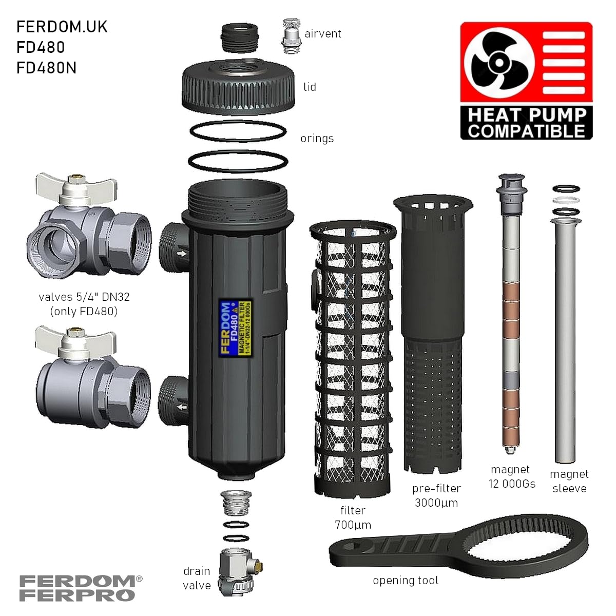 FERDOM FD480 HEAVY 5/4" DN32 Filtro Magnetico Con Separatore Per Riscaldamento Centrale, Pompe di Calore ecc. Magnete 12000Gs. Doppio Filtraggio 3000μm e 700μm. Per impianti da 70kW. 2 valvole da 5/4"