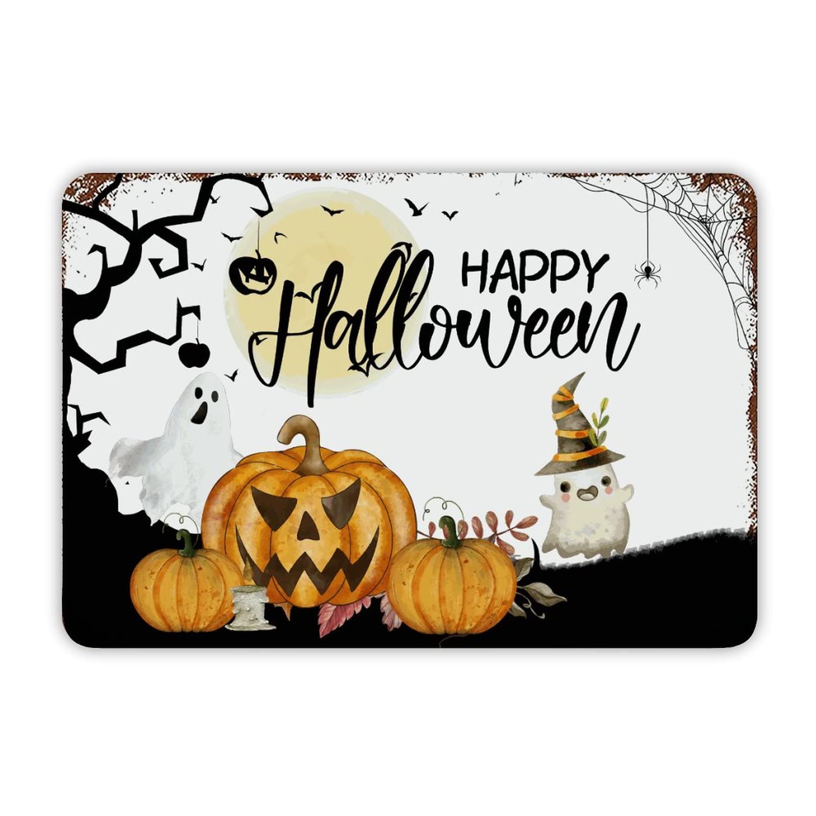 ENEDNATE Farmhouse Man Cave Metal Sign Happy Halloween Pumpkin Ghost Retro Aluminum Tin Metal Signs for Indoor & Outdoor Yard Office Kitchen Living Room Door Home Décor 8x12 Inch