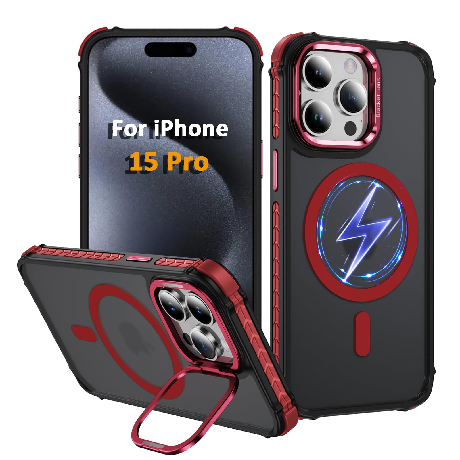 KETGII i Phone 15 Pro Case, Magnetic for iPhone 15 Pro Case, Compatible with MagSafe Wireless Charging, Heavy Duty, Shockproof, Adjustable Kickstand,