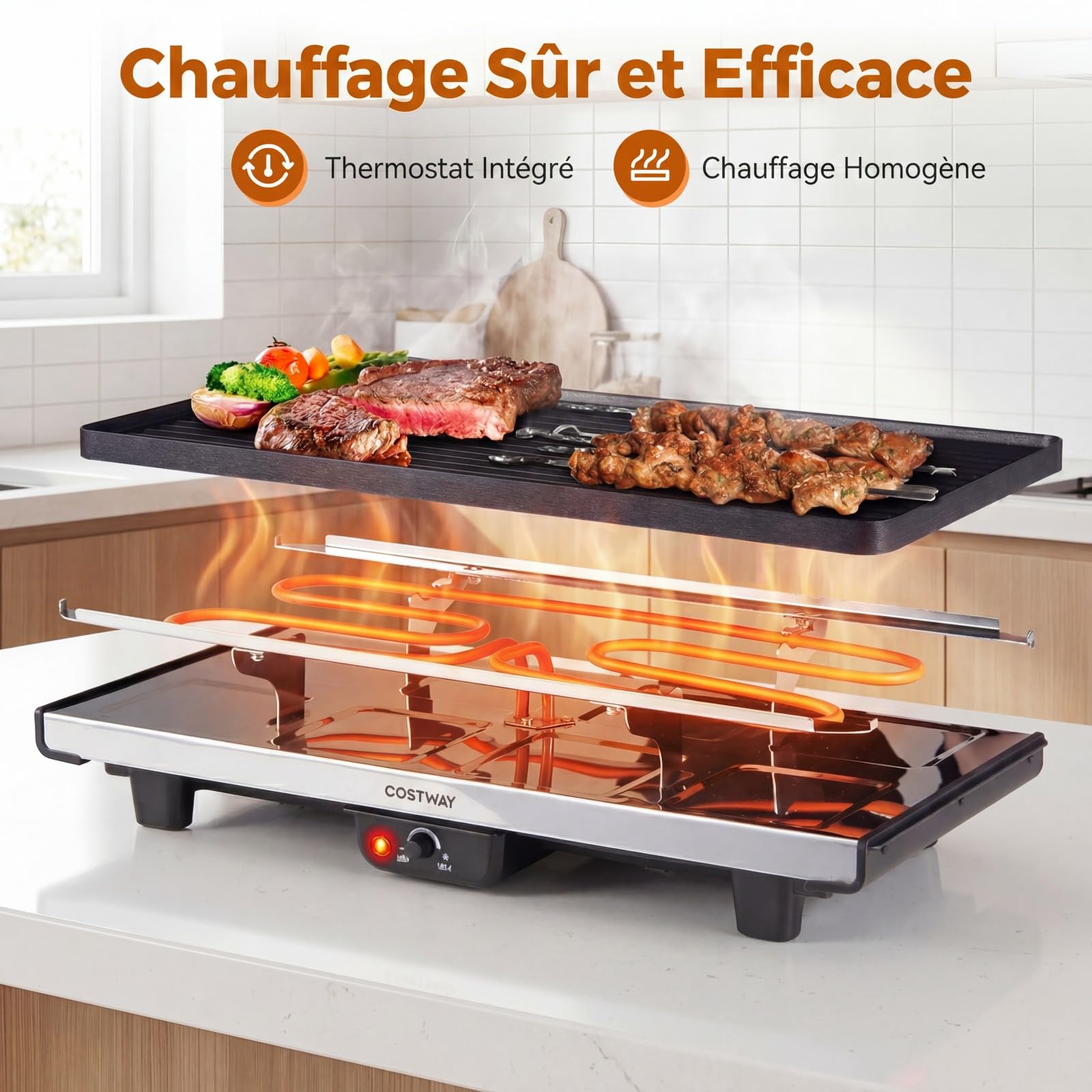 COSTWAY Grill à Raclette 1400w, Grill Électrique 2 en 1, 48 x 24 x 12 cm