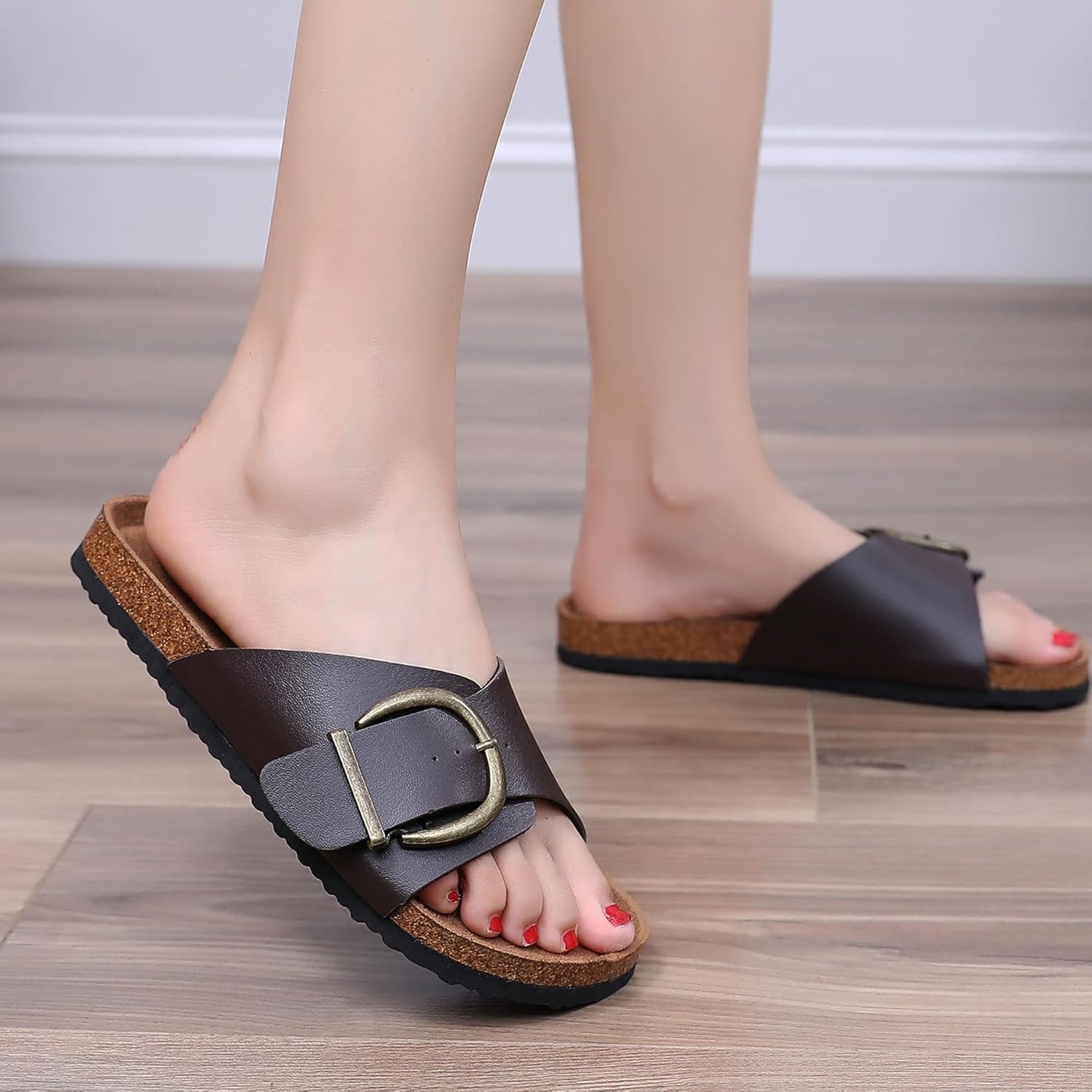 Women's Sandals Comfort Slides with Adjustable Buckle,Cork Footbed Sandals,Outdoor Beach Sandals