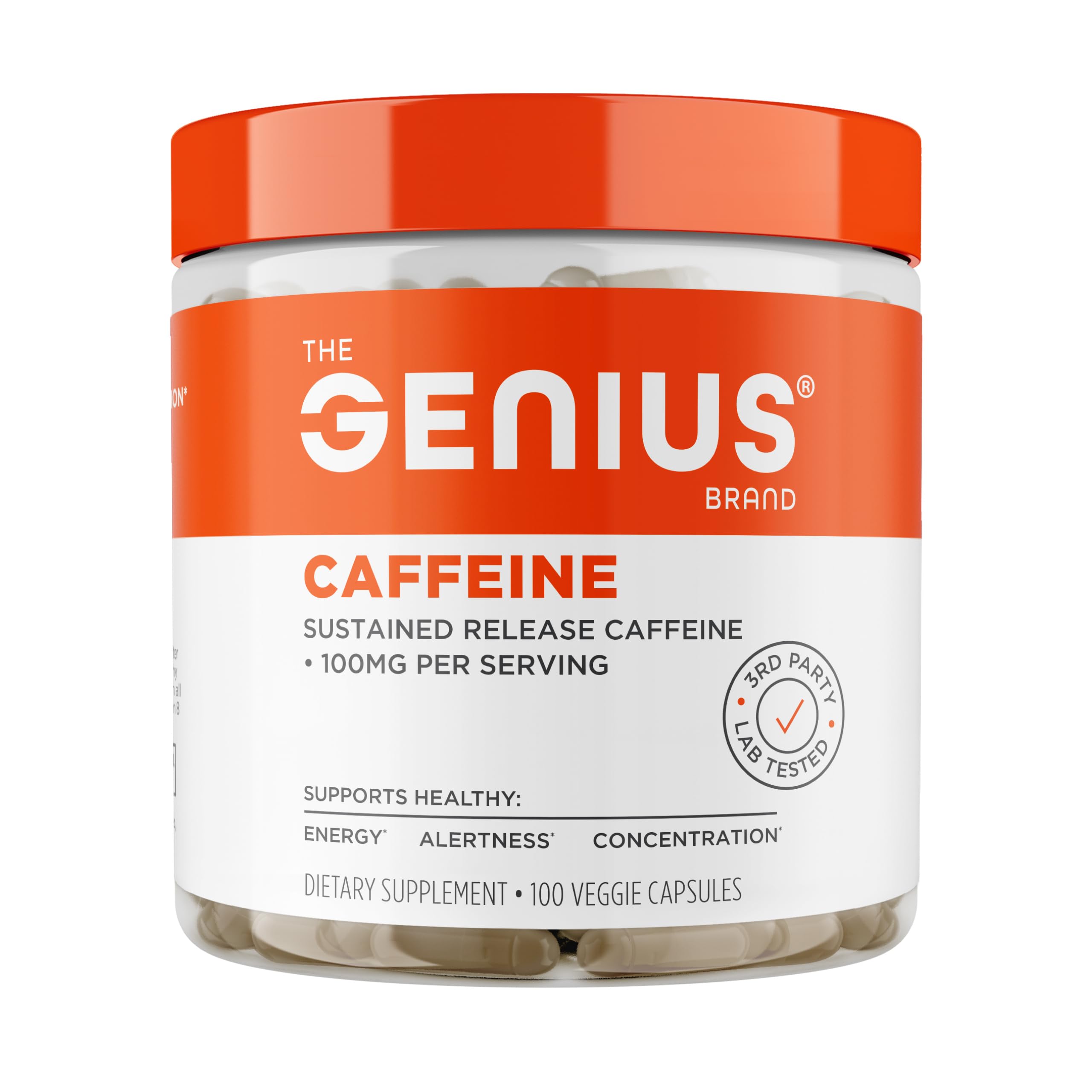 Genius Caffeine - Sustained-Release Microencapsulated Caffeine Pills for Smooth, Long-Lasting Energy & Focus - No Jitters or Crash - 100mg per Capsule - 100 Servings - Natural Performance Booster