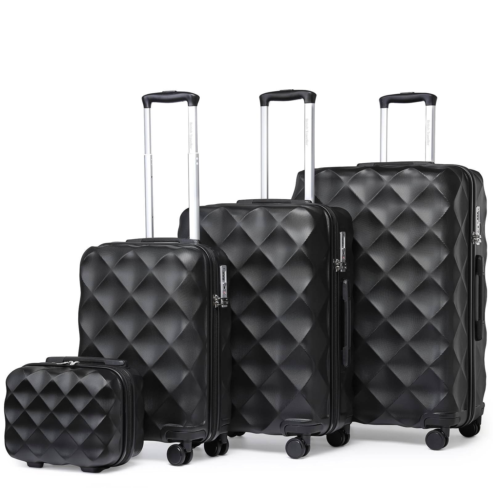 British Traveller Set di 4 Valige 30/53/61/73CM Valigia Trolley Rigida ABS+PC con Rotelle Girevoli e TSA Lucchetto (Nero)